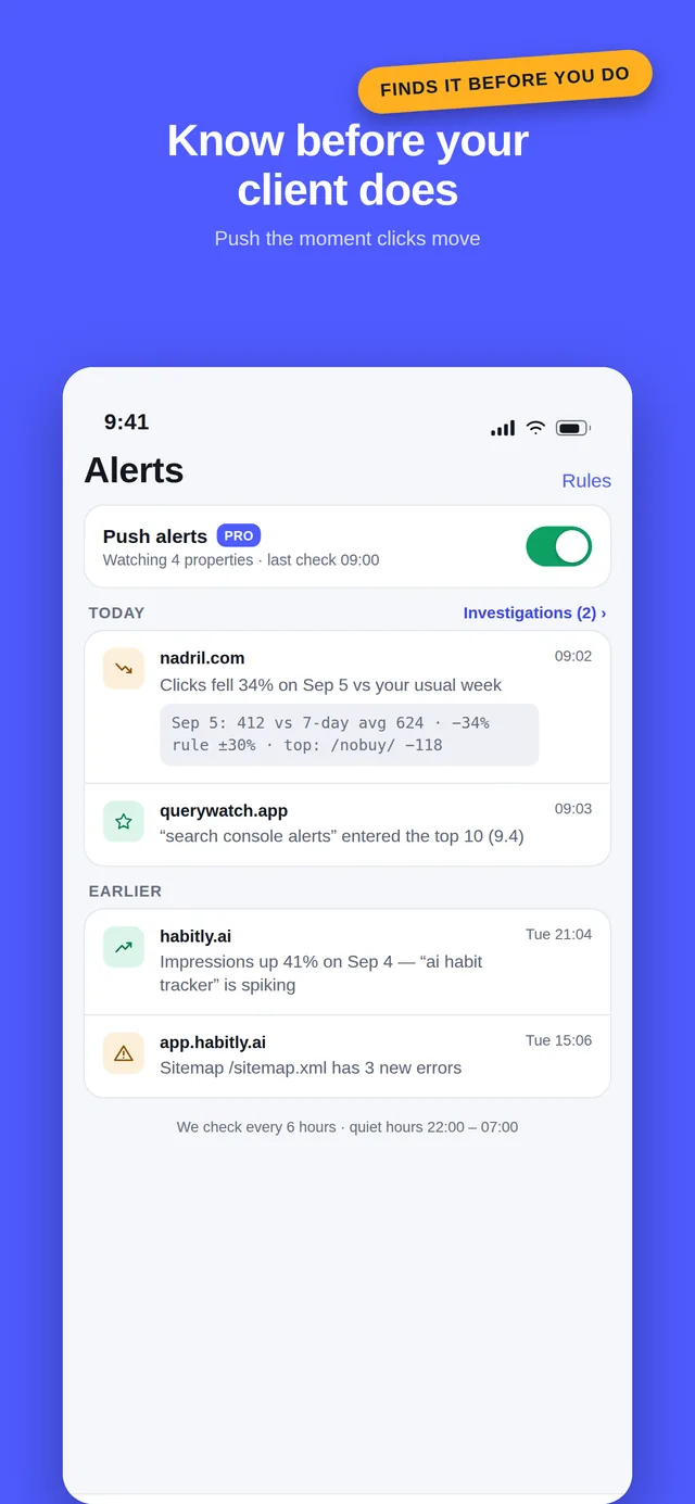 QueryWatch Alerts screen: push alerts for a traffic drop, a query entering the top 10, an impressions spike and sitemap errors, with the evidence for each.