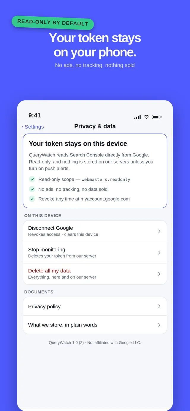 QueryWatch Privacy and data screen: read-only scope, the token stays on the device, and buttons to disconnect Google, stop monitoring or delete all data.