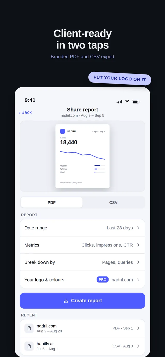 QueryWatch Share report screen: a branded PDF or CSV report for a property, with date range, metrics, breakdown and logo options.